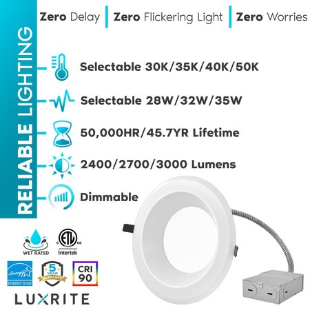 Luxrite 8 Inch Commercial LED Recessed Downlight 4 CCT Selectable 25/29/33W 2400/2700/3000LM Dimmable LR23954-1PK